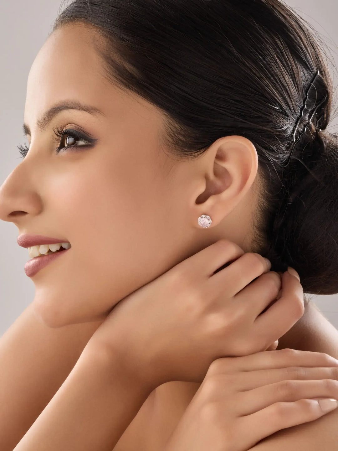 Quene R Cut Pink Silver Stud Earrings