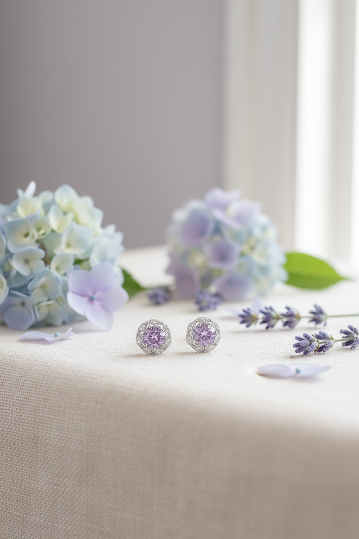 Quene R Cut Pink Silver Stud Earrings