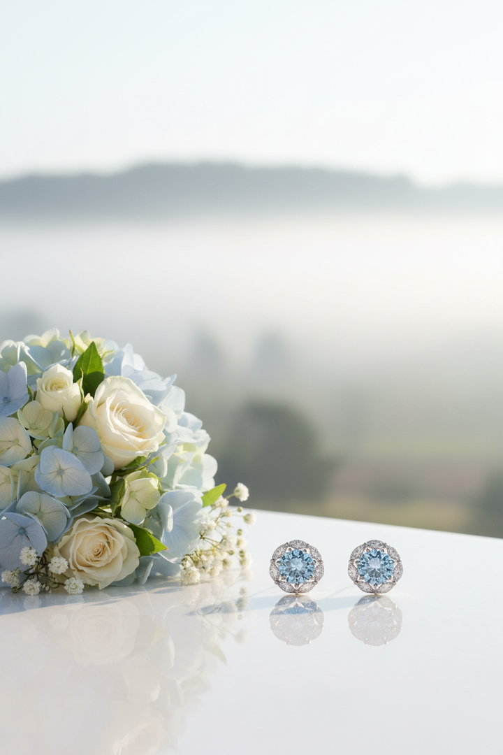 Quene R-Cut Skyblue Silver Stud Earrings