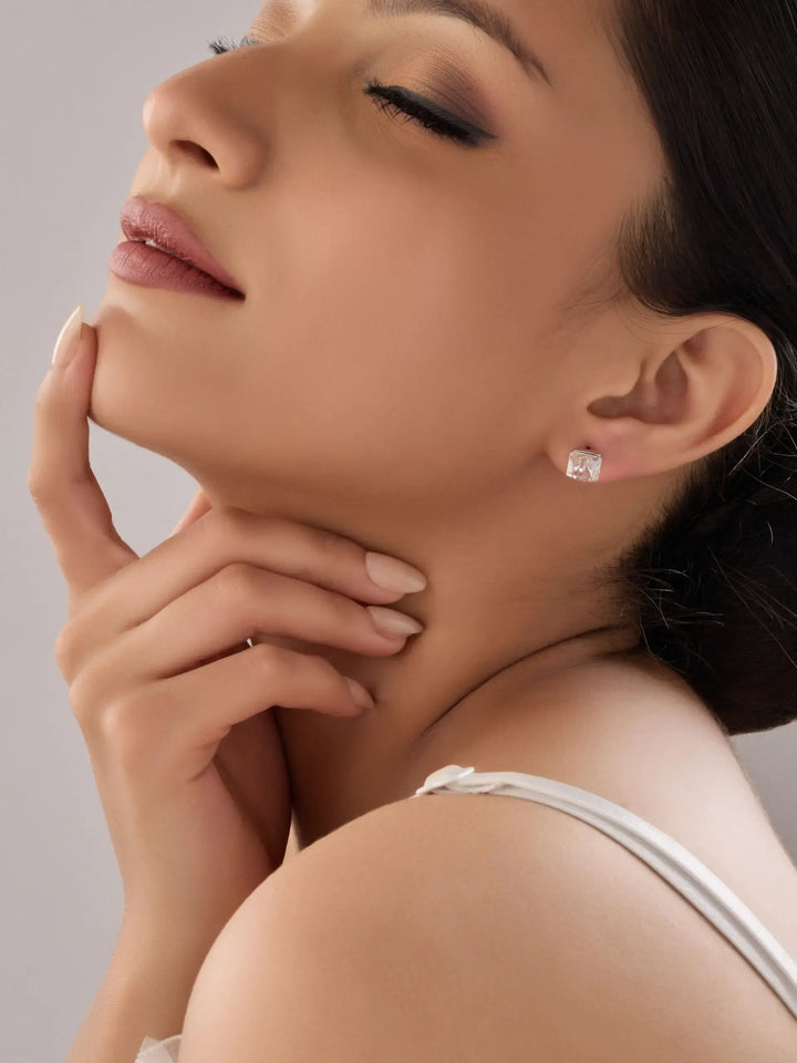Crystal Cube Silver Stud Earrings