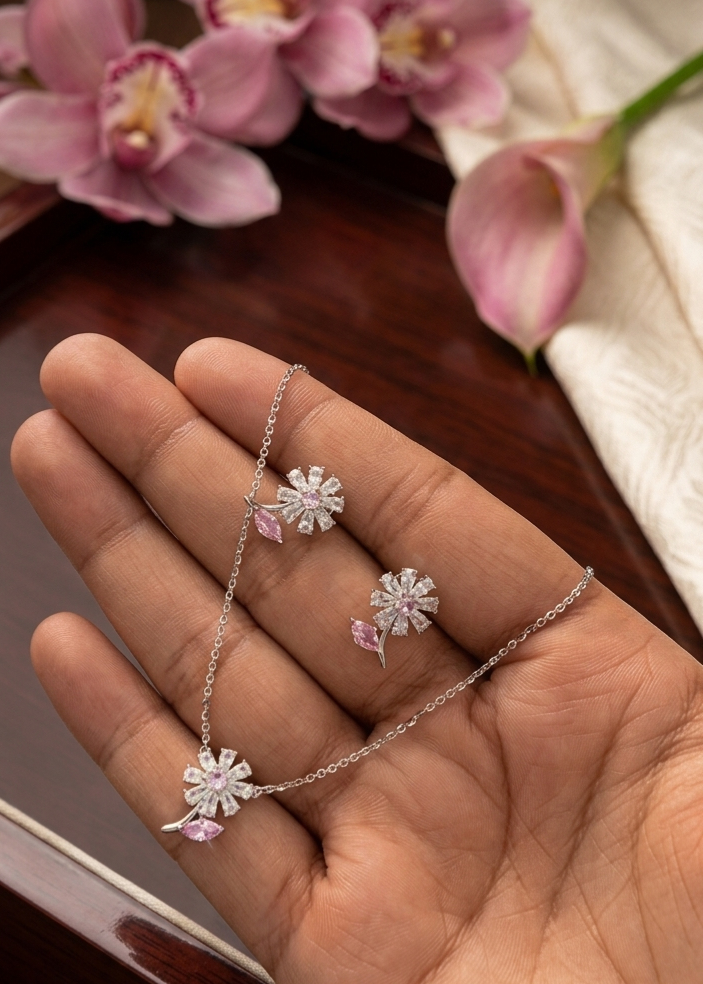 Silver Flower Stone Pendant Set (Pink)