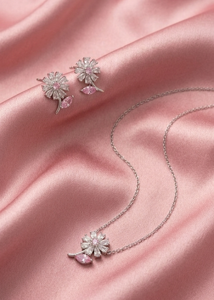 Silver Flower Stone Pendant Set (Pink)