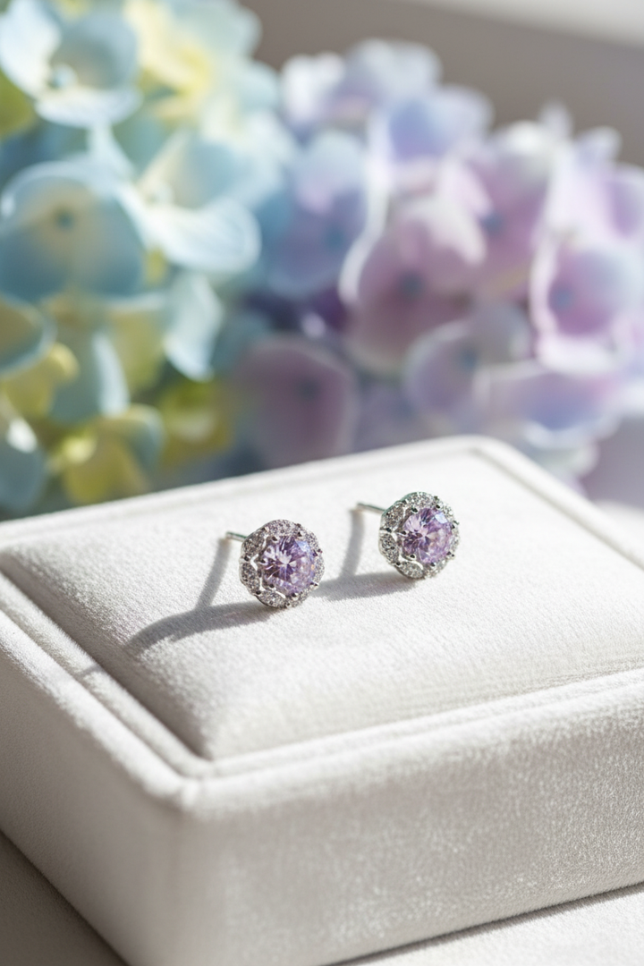 Quene R Cut Pink Silver Stud Earrings