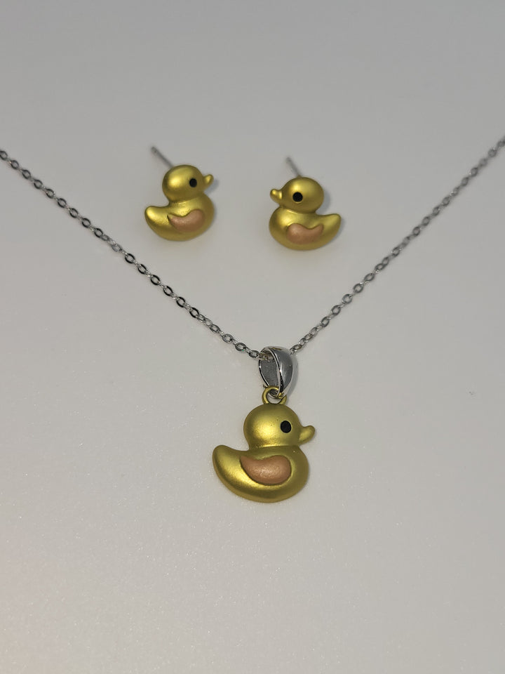 Silver Yellow Duck Pendant Set