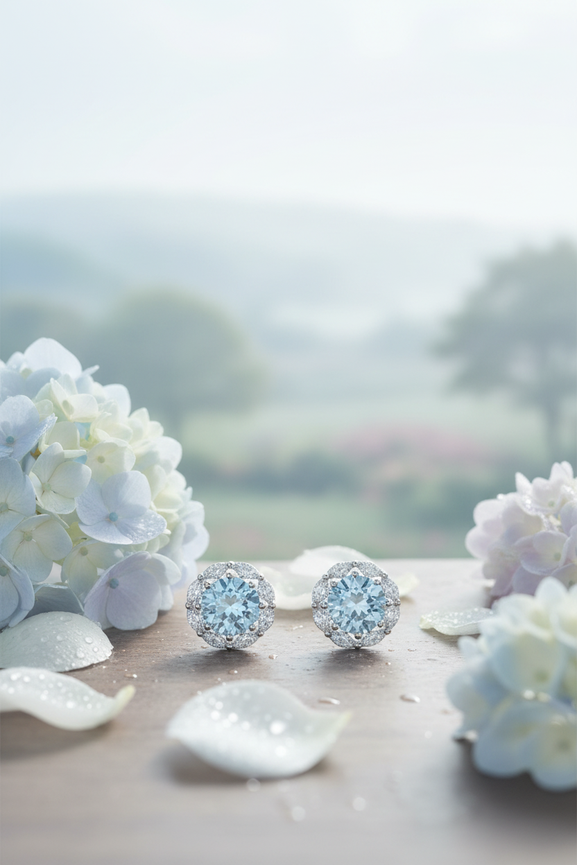 Quene R-Cut Skyblue Silver Stud Earrings