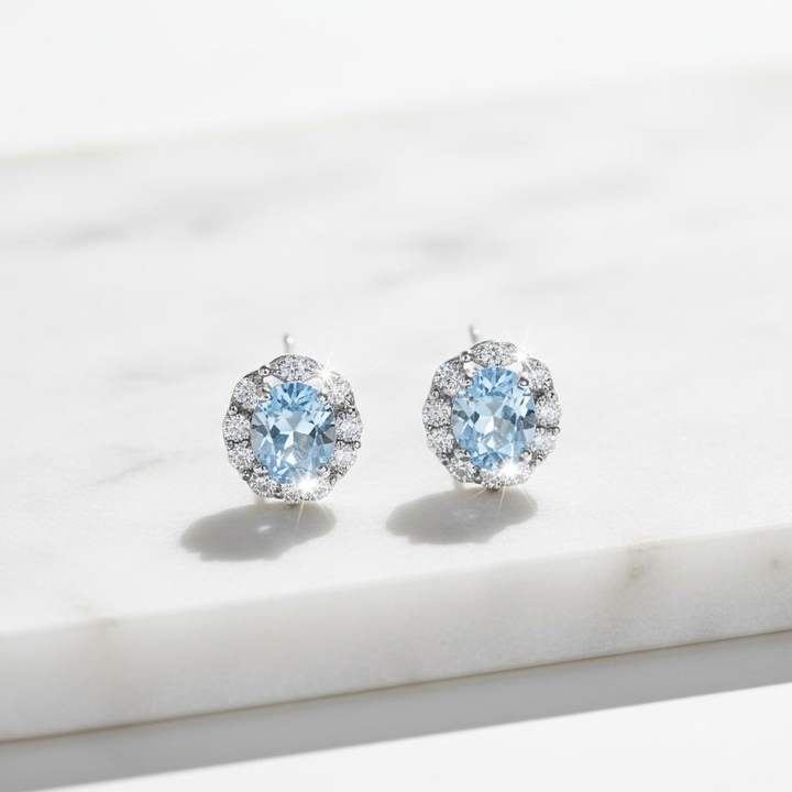 Quene R-Cut Skyblue Silver Stud Earrings
