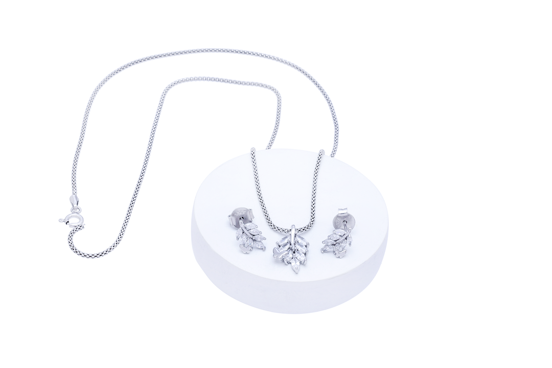 Silver Stone Leaf Pendant Set
