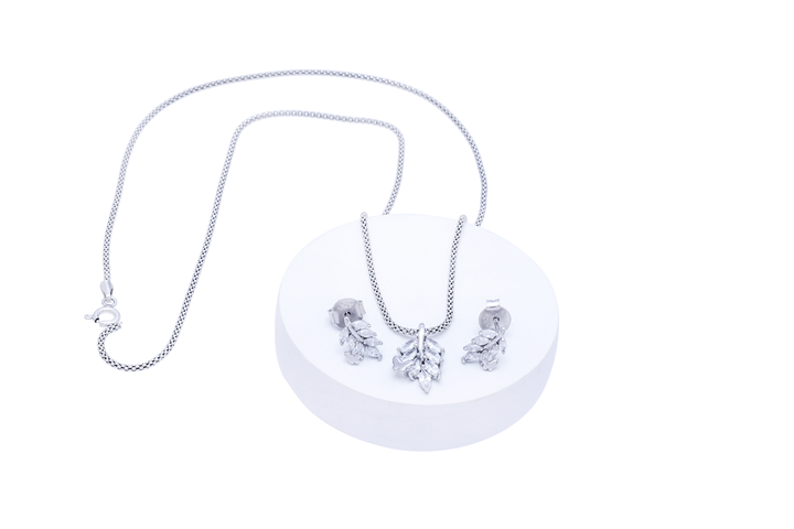 Silver Stone Leaf Pendant Set