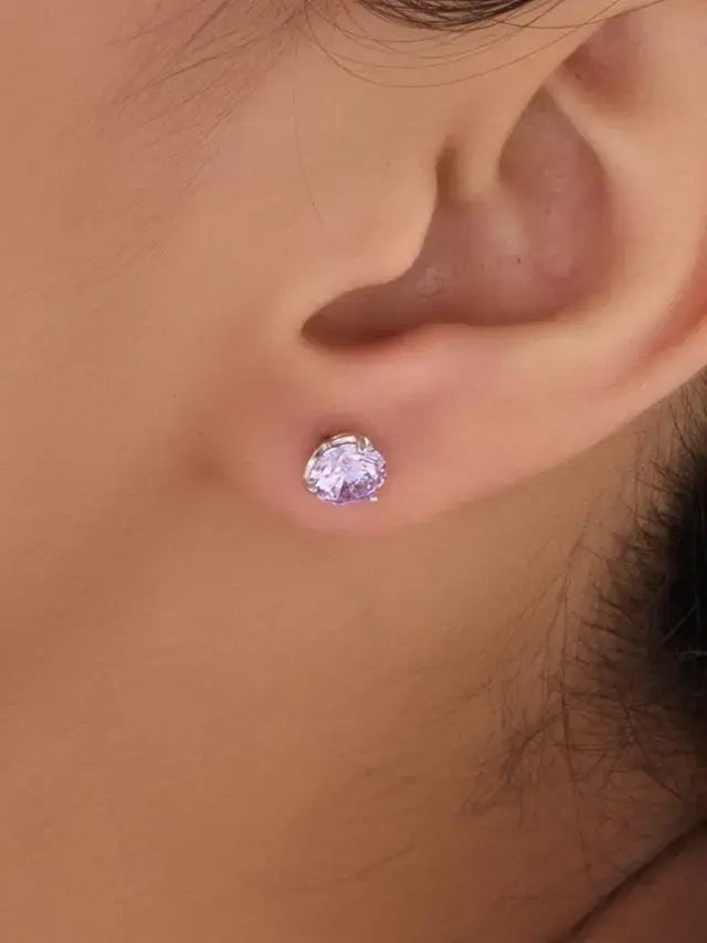 Round Stone Purple Silver Stud Earrings