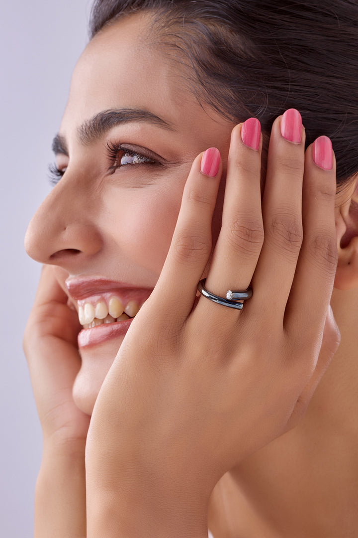 Black Silver Twist Ring