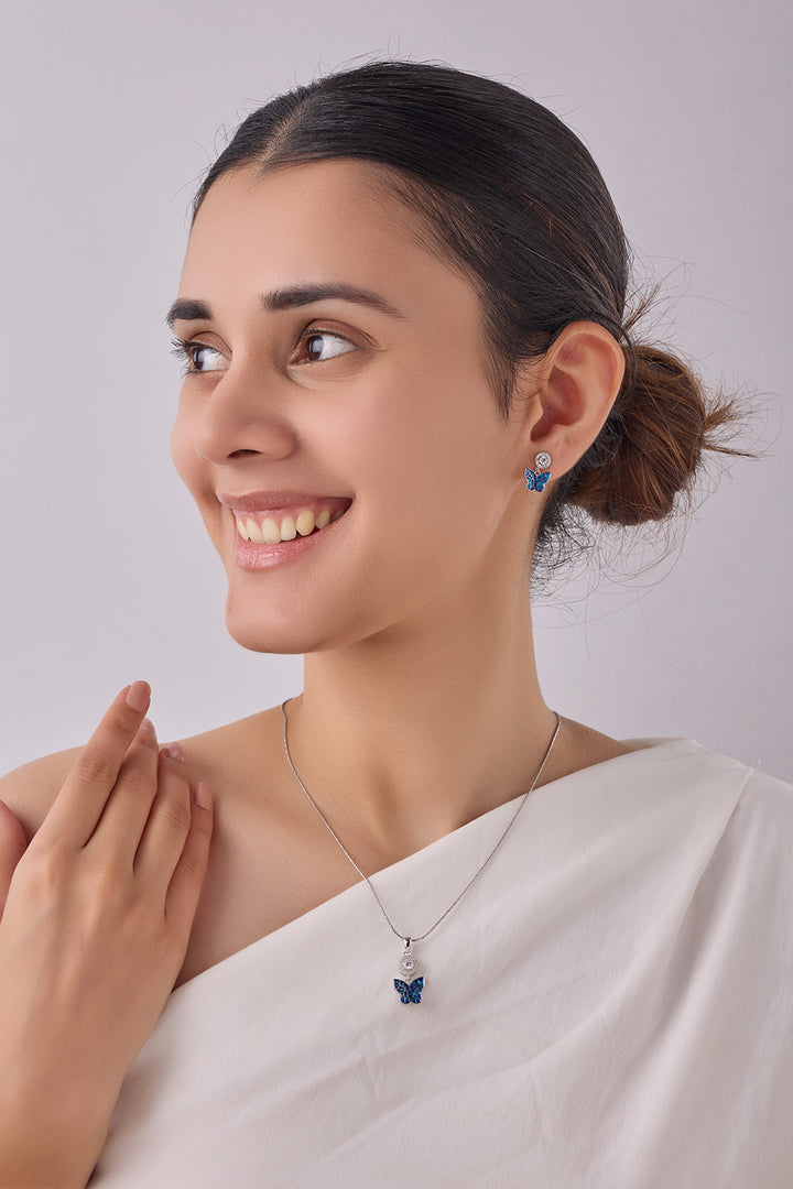 Silver Blue Butterfly Pendant Set