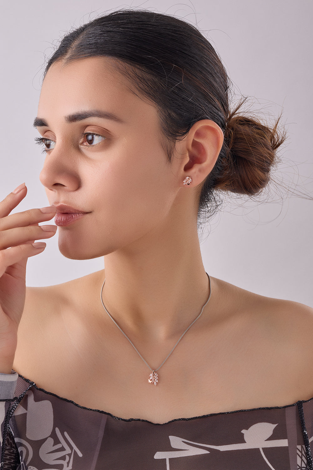Silver Stone Leaf Pendant Set (Rosegold)