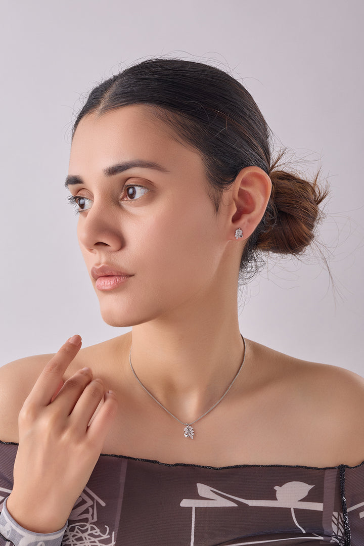 Silver Stone Leaf Pendant Set