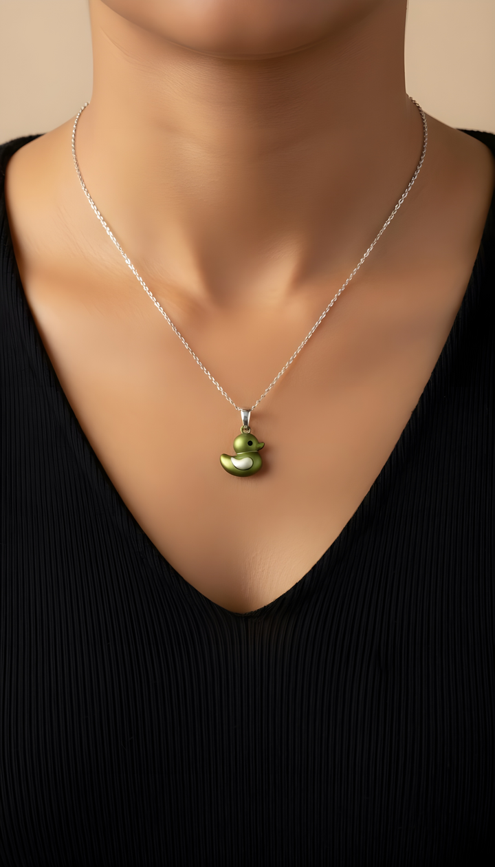 Silver Green Duck Pendant Set