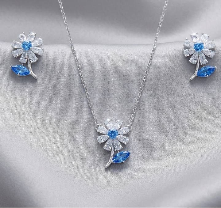 Silver Flower Stone Pendant Set