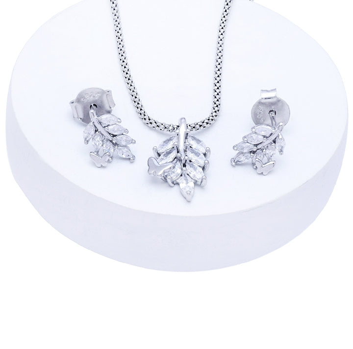 Silver Stone Leaf Pendant Set