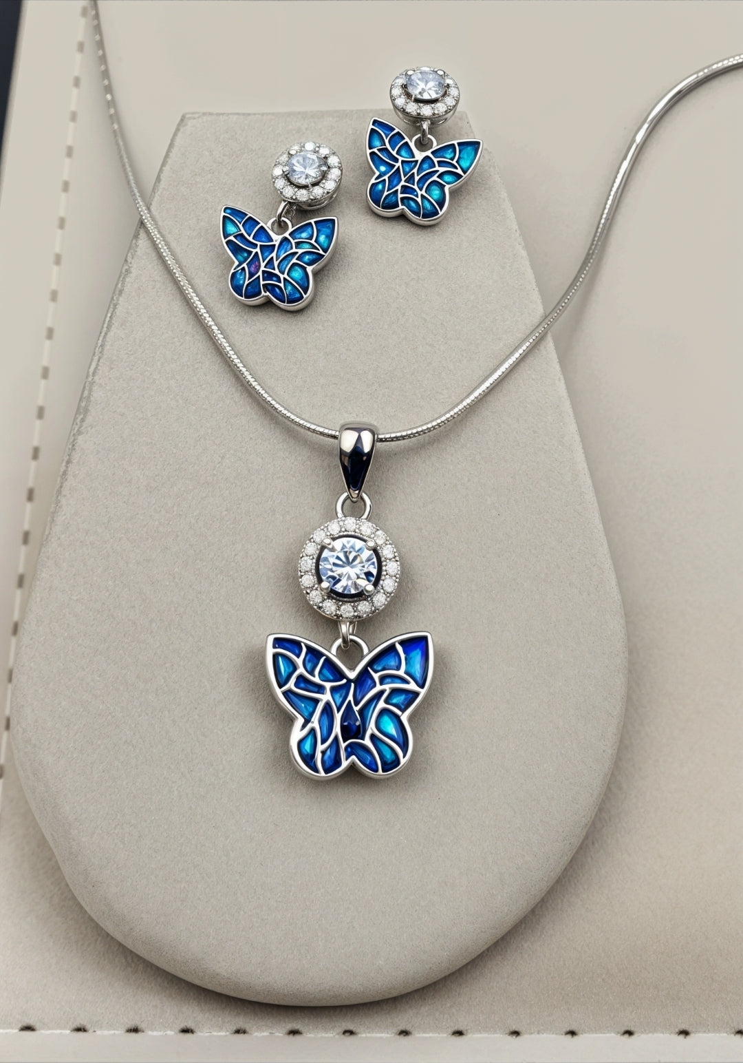 Silver Blue Butterfly Pendant Set