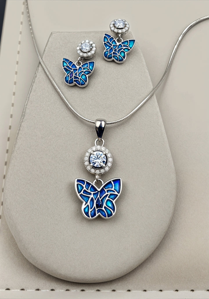 Silver Blue Butterfly Pendant Set