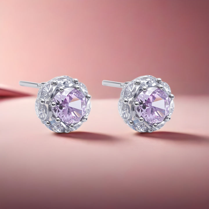 Quene R Cut Pink Silver Stud Earrings
