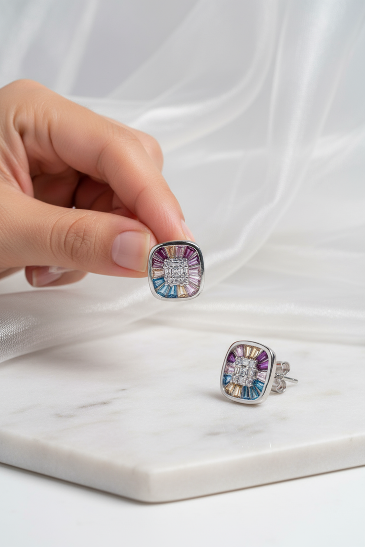 Silver Rainbow Square Earrings