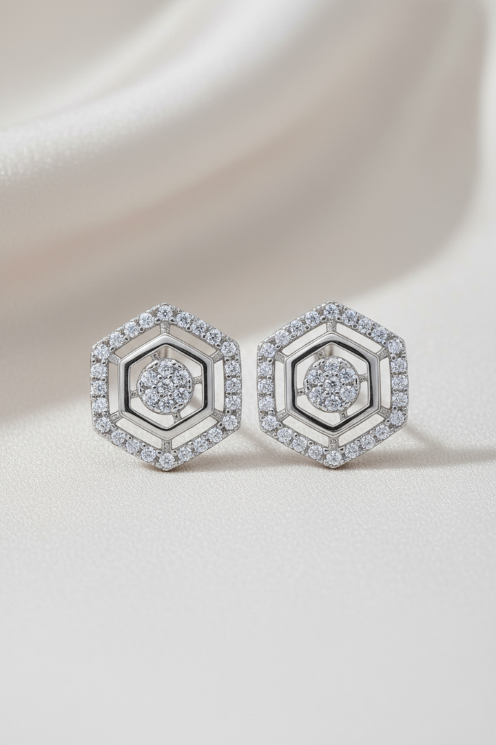 Silver Crystal Hexagon Earrings