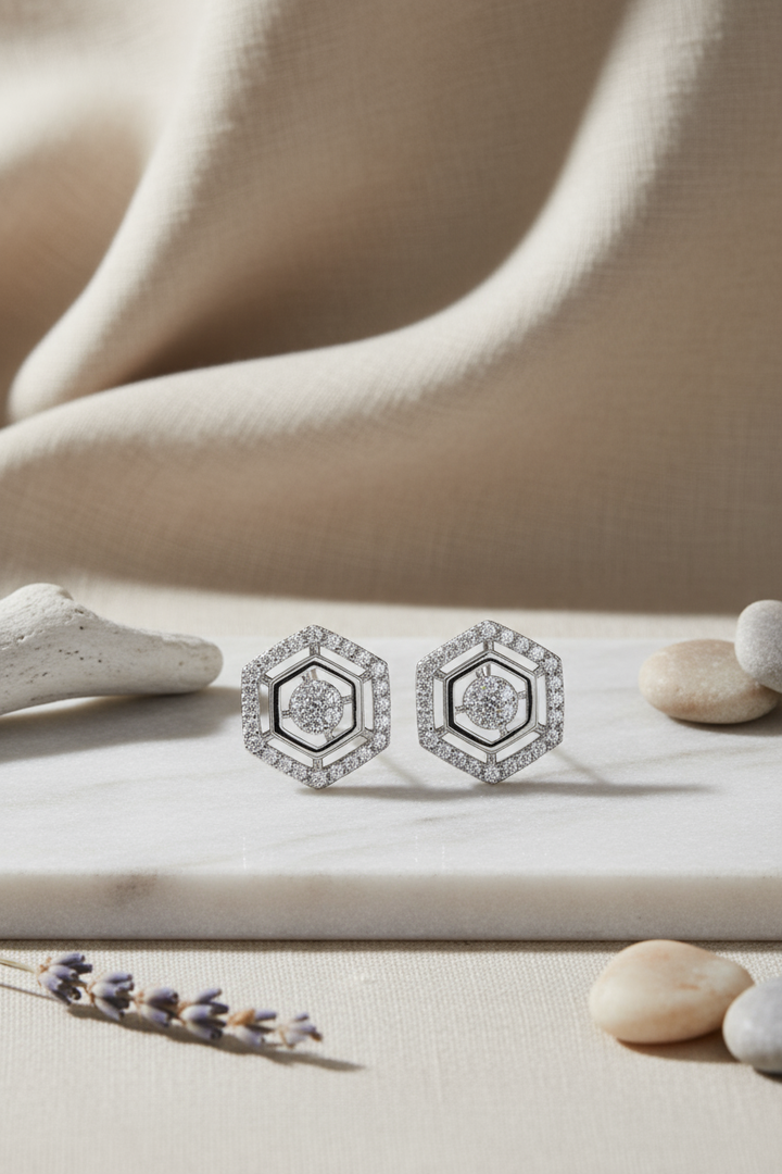 Silver Crystal Hexagon Earrings