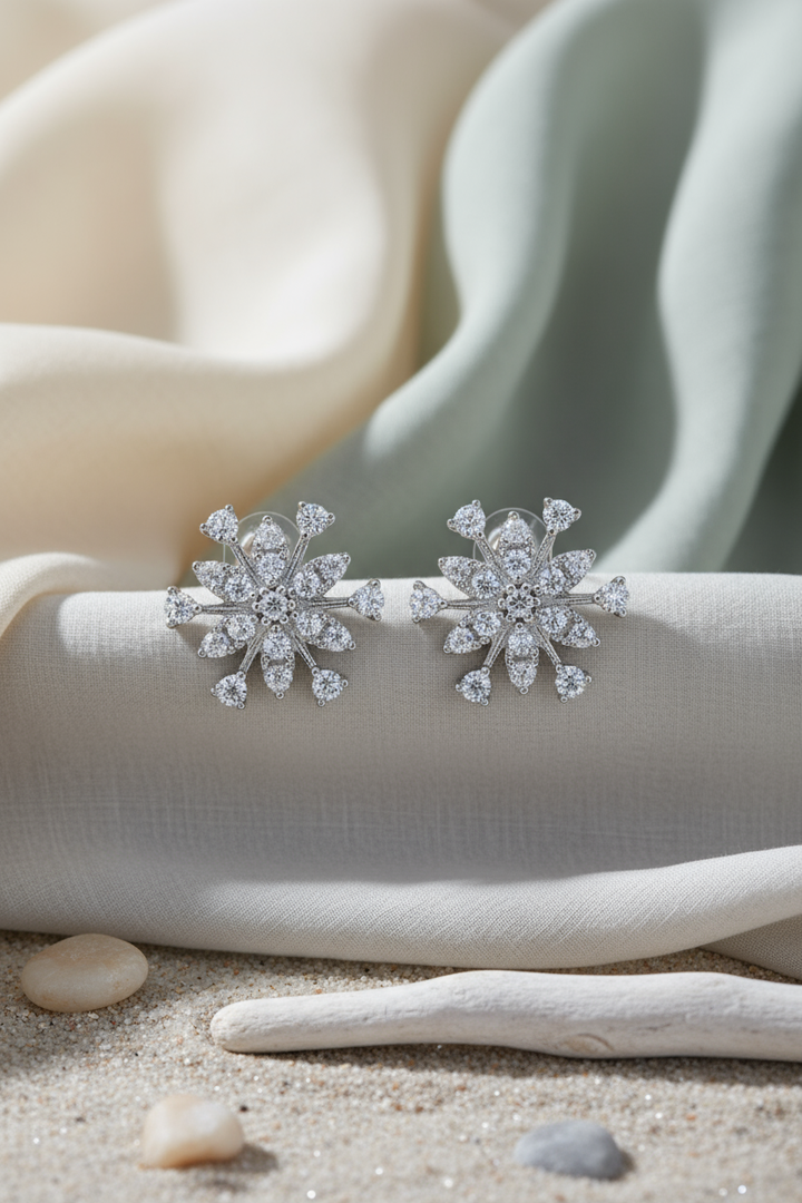 Silver Crystal Flower Earrings