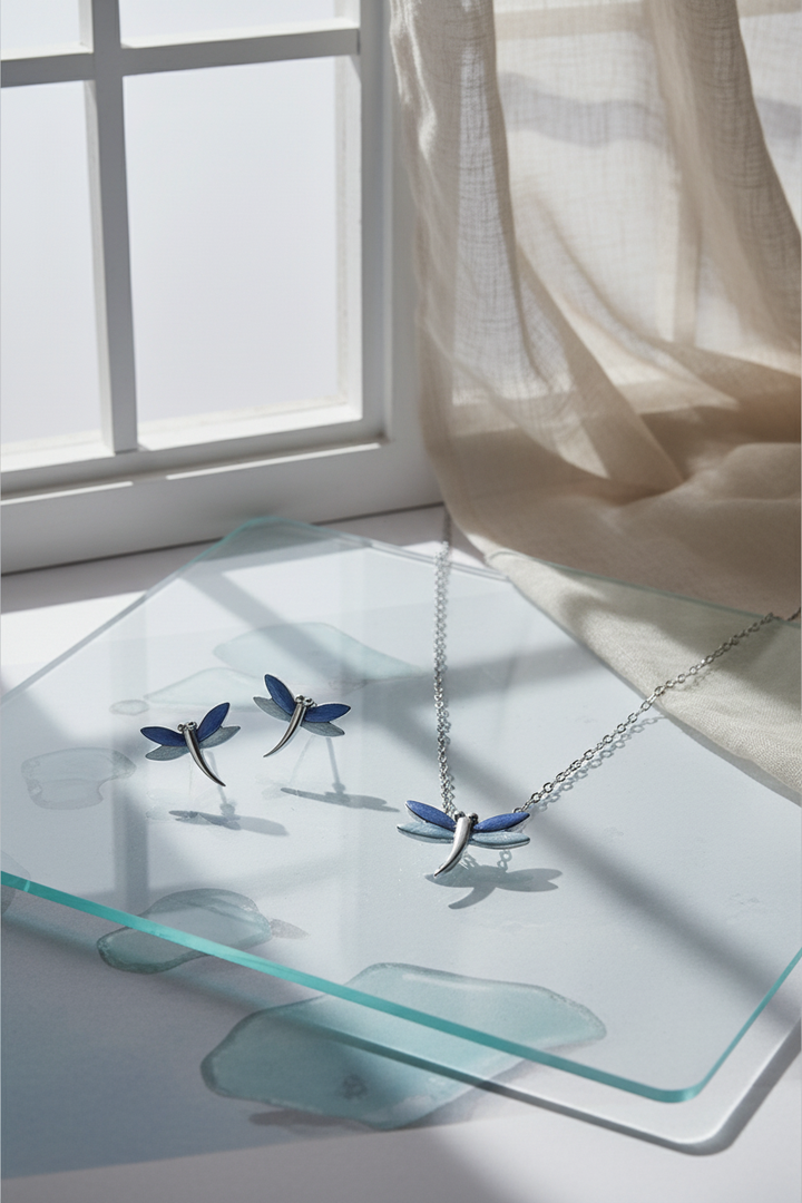 Silver Dragonfly Pendant Set