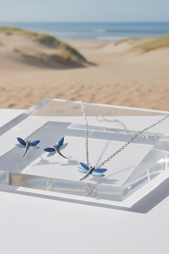 Silver Dragonfly Pendant Set