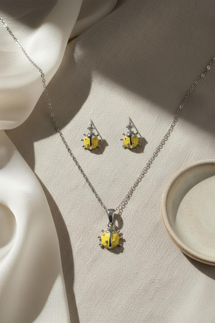 Silver Lady Bug Pendant Set