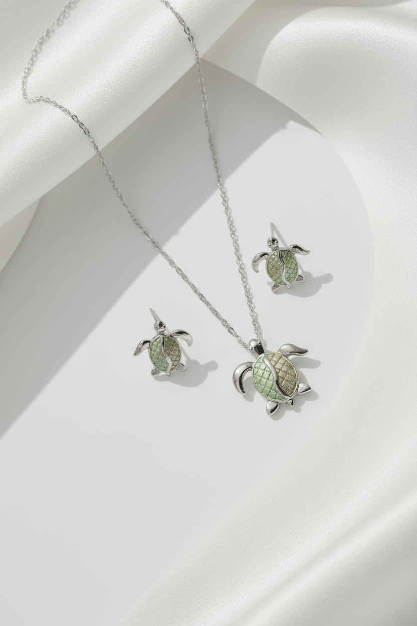 Silver Turtle Pendant Set