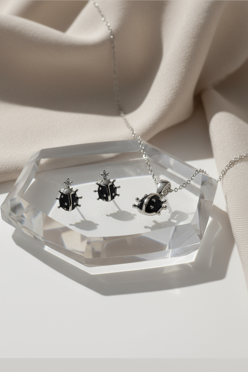 Silver Lady Bug Pendant Set