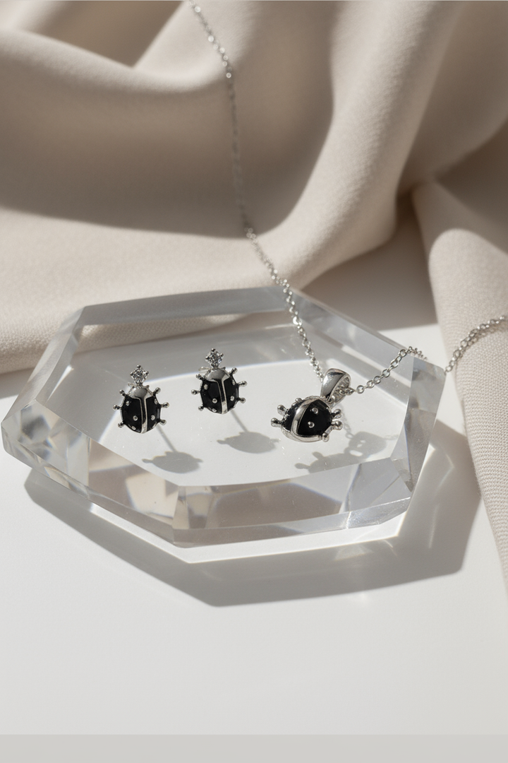 Silver Lady Bug Pendant Set