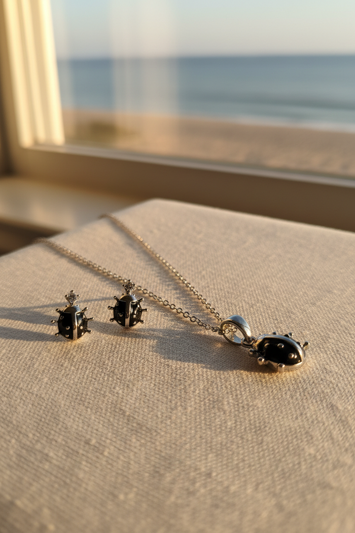 Silver Lady Bug Pendant Set