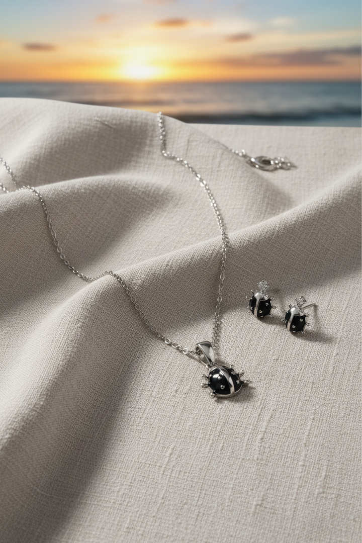 Silver Lady Bug Pendant Set