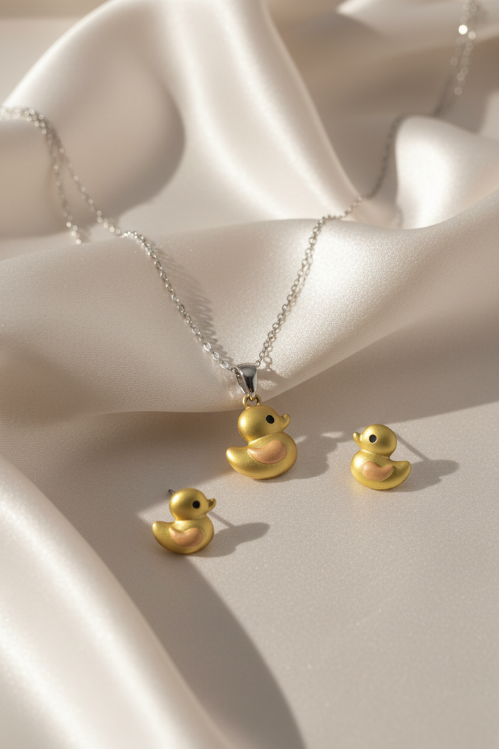 Silver Yellow Duck Pendant Set