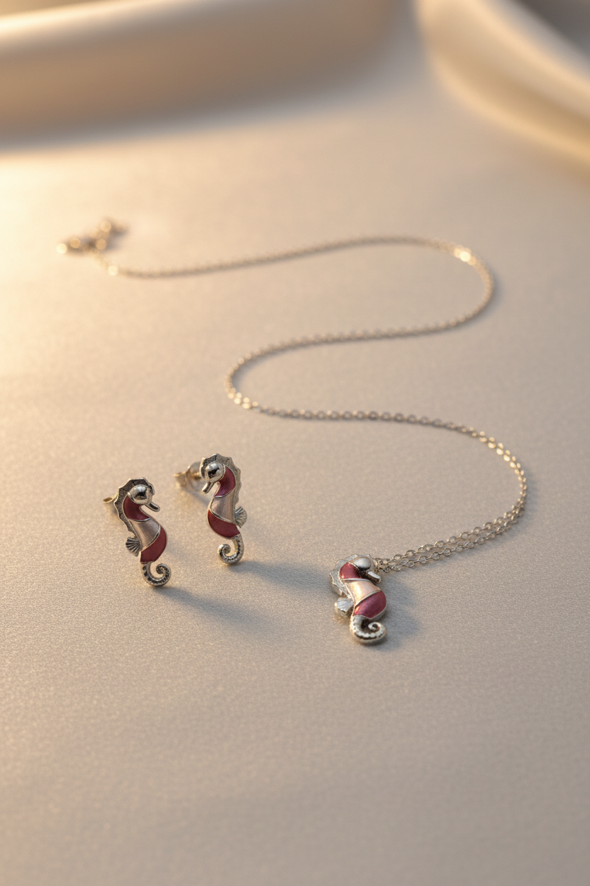Silver Sea Horse Pendant Set