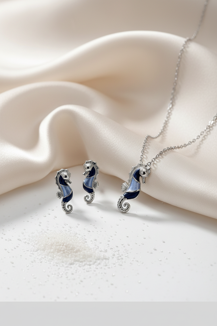 Silver Sea Horse Pendant Set