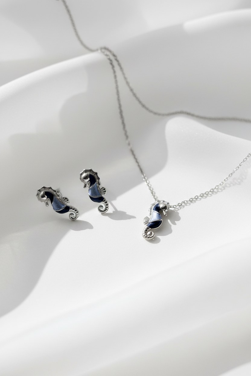 Silver Sea Horse Pendant Set