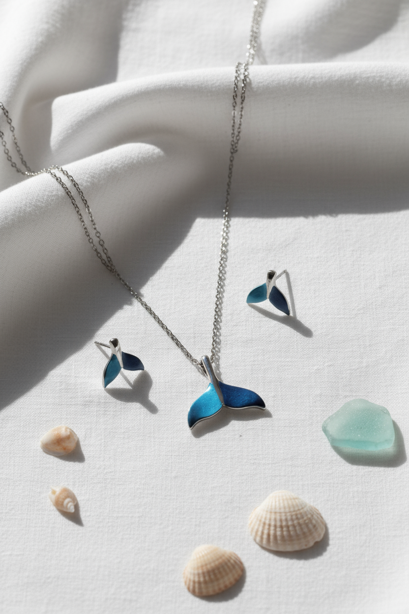 Silver Whaletale Pendant Set (Blue)