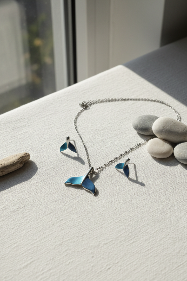 Silver Whaletale Pendant Set (Blue)
