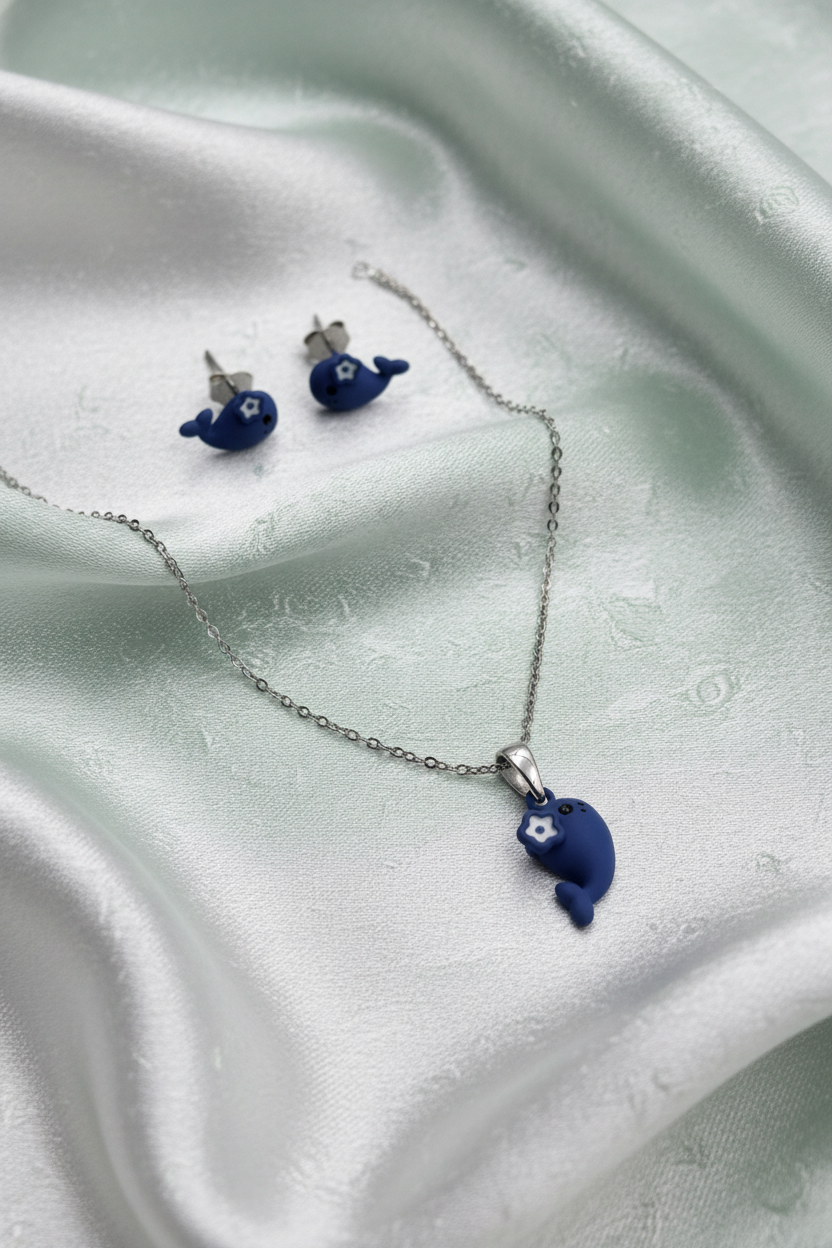Silver Blue Fish Pendant Set