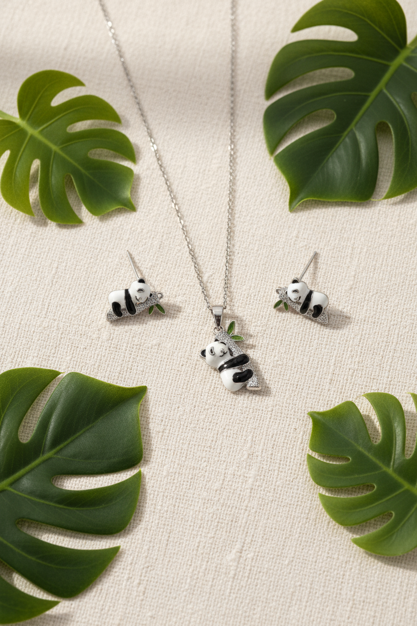 Silver Panda Pendant Set