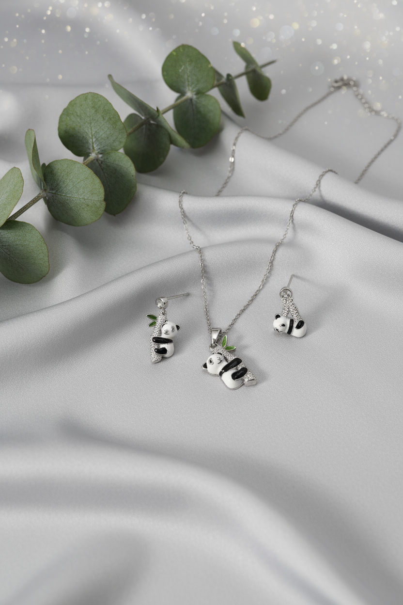 Silver Panda Pendant Set