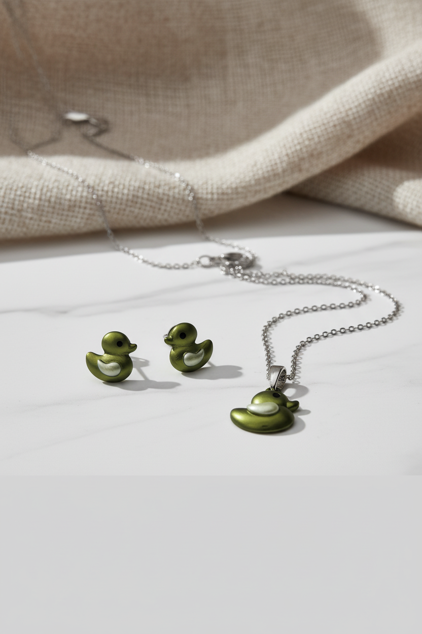 Silver Green Duck Pendant Set