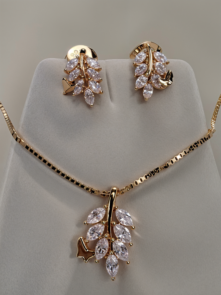 Silver Stone Leaf Pendant Set (Rosegold)