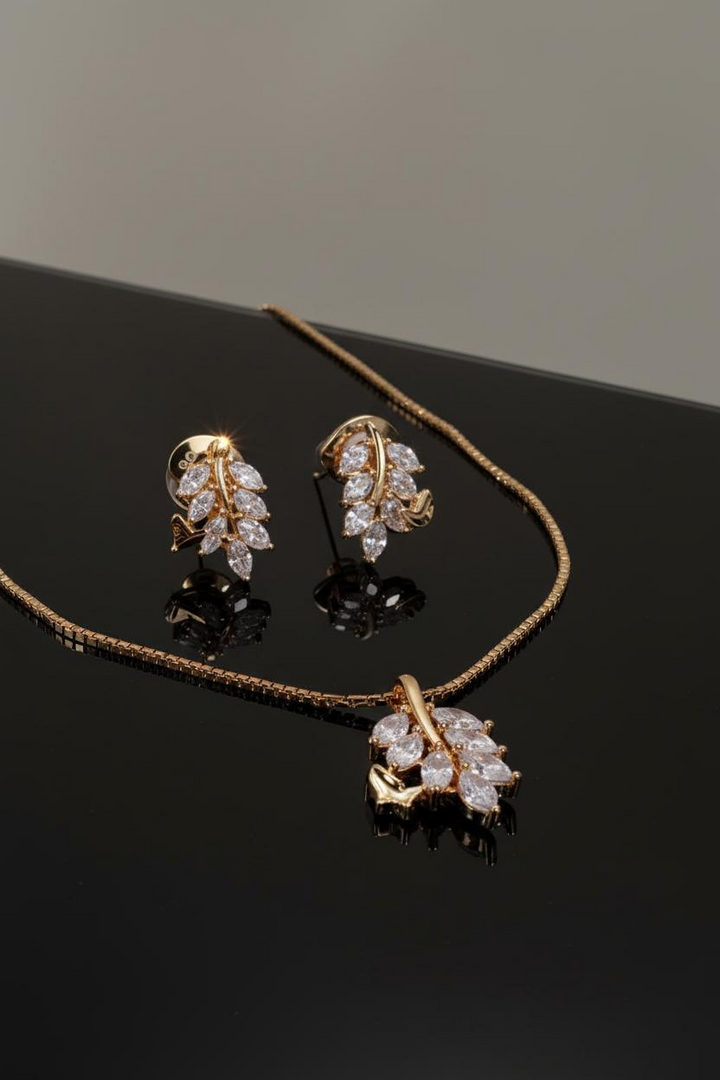 Silver Stone Leaf Pendant Set (Rosegold)