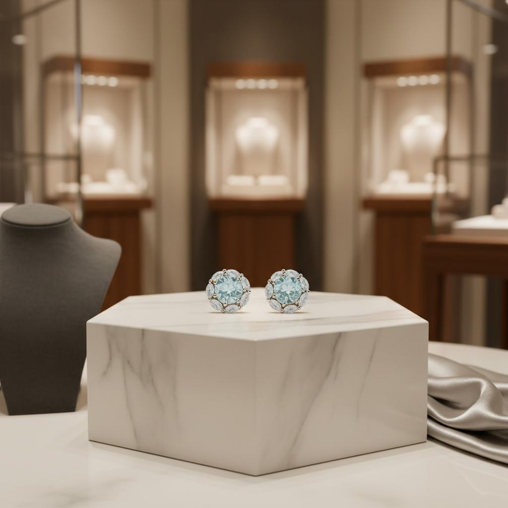 Quene R-Cut Skyblue Silver Stud Earrings