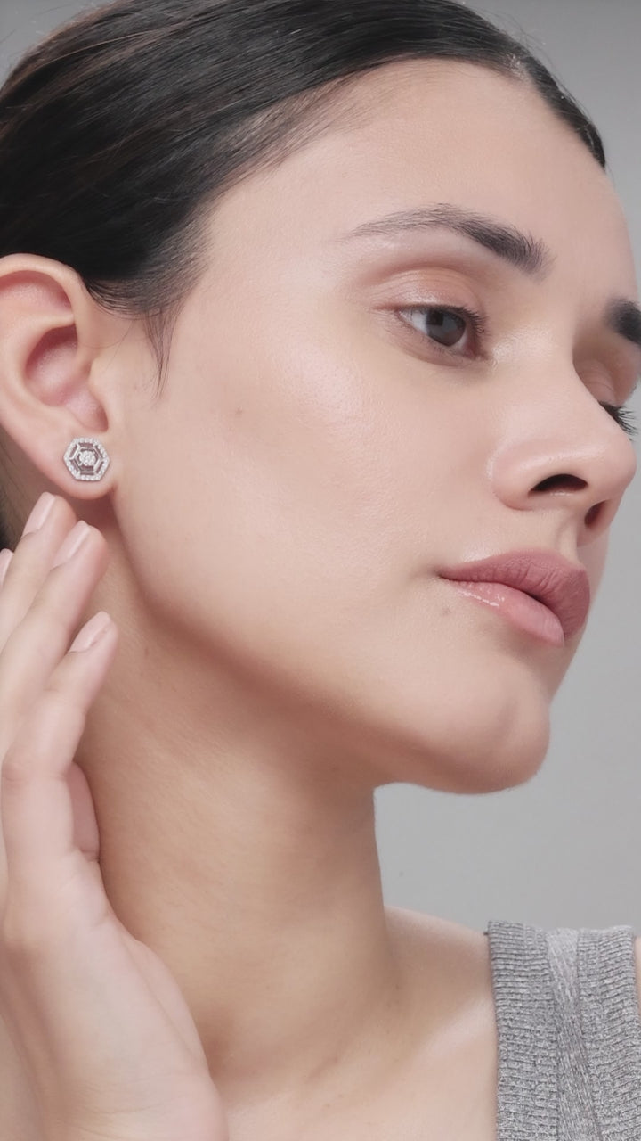 Silver Crystal Hexagon Earrings